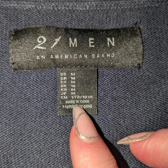 21 men Blue/White solid/ Striped blocking button down cardy Size M - Picture 2 of 11